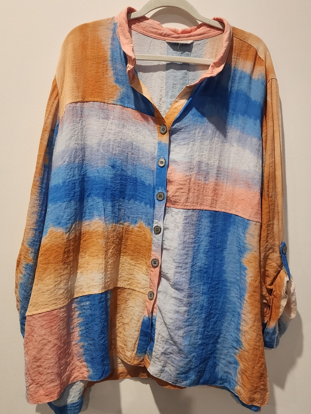 John Mark Ombre Patchwork Button Top 2X? Multicolor Roll Tab Sleeve No Sz Tag
